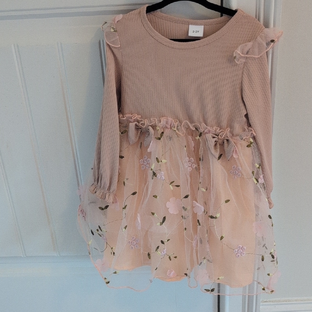 Pink Long Sleeve Dress with Floral Overlay